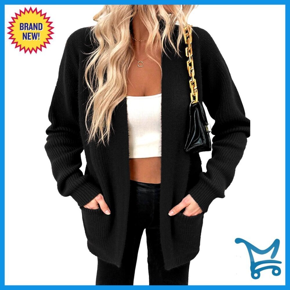 Large Chunky Knit Cardigan Open Front Mid-Length Sweater Coat Pockets